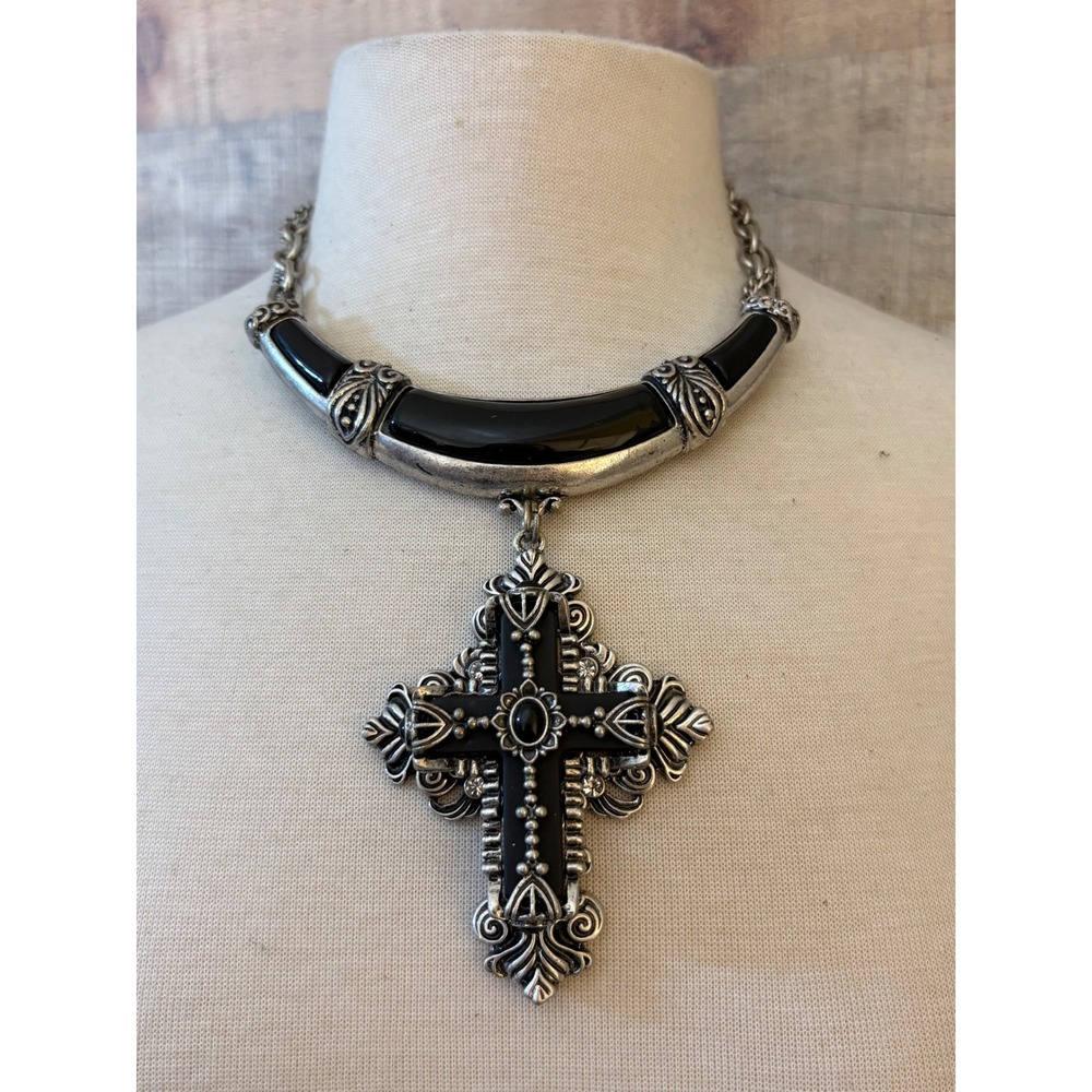 Vintage Gothic Black Cross Statement Necklace Antiqued Silver Multi-Strand Chain